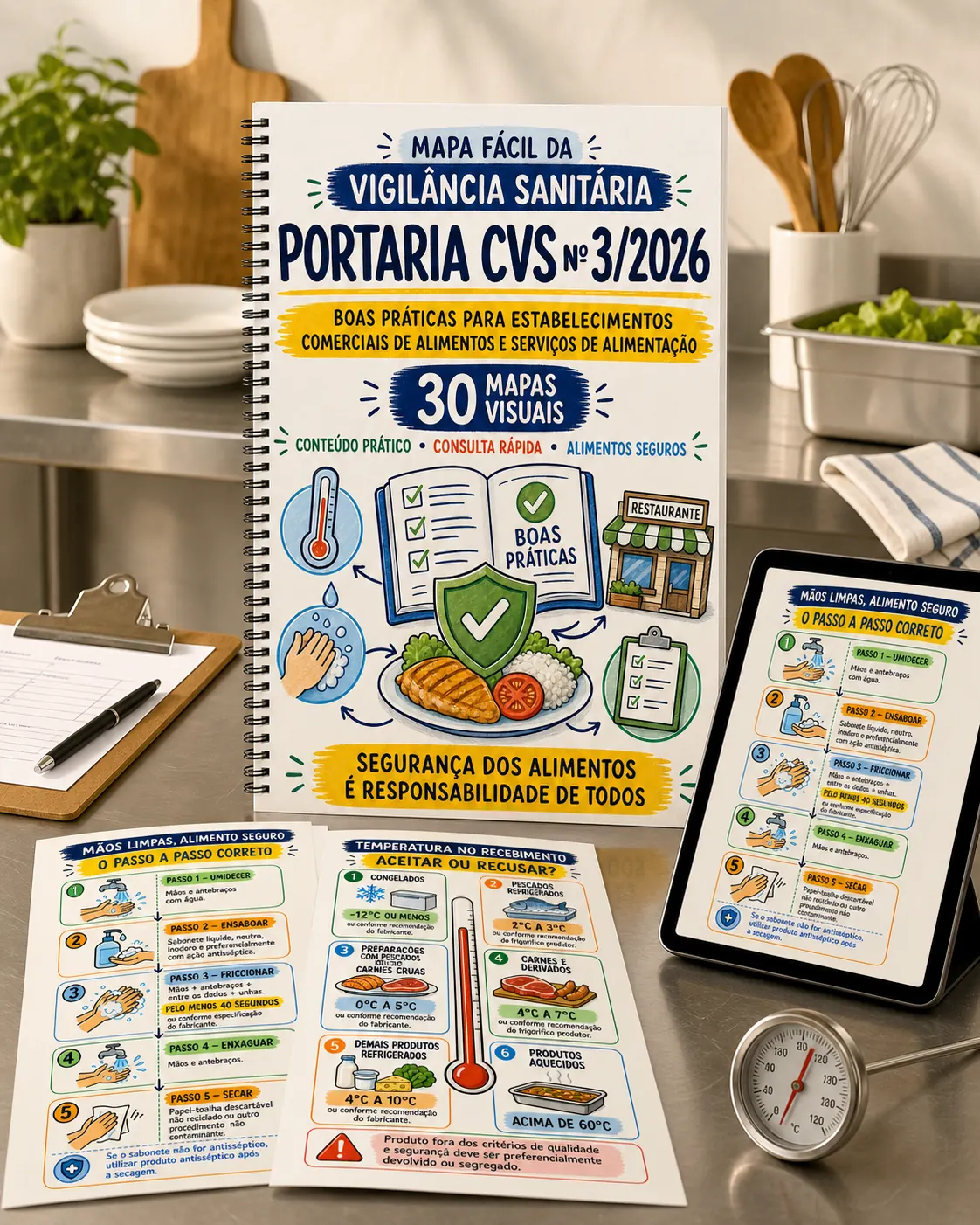 Guia visual da CVS nº 3/2026 em uma cozinha profissional