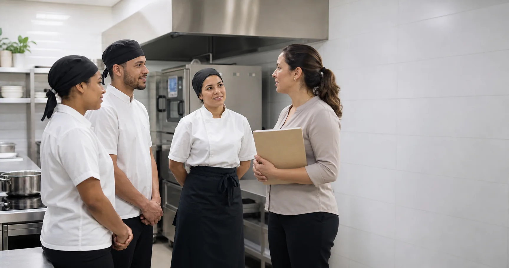 Supervisora orientando uma equipe em cozinha profissional